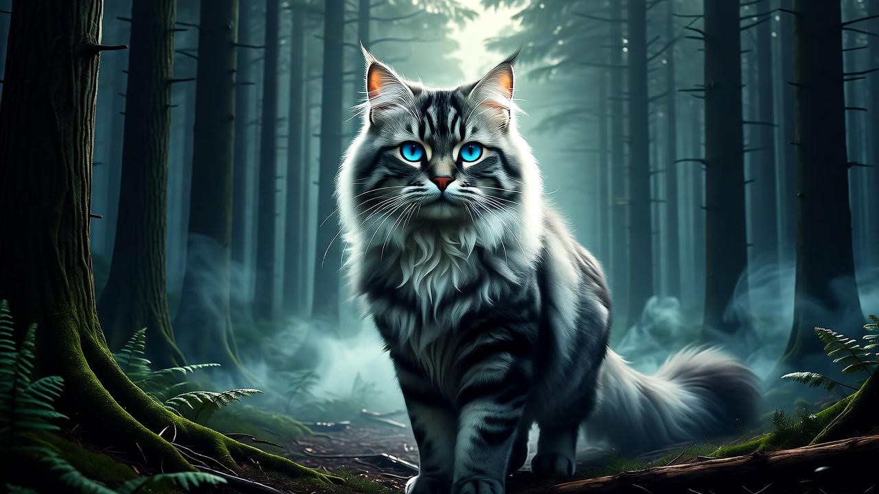 Silvery Siberian cat Patronus glowing in a misty Forbidden Forest, Harry Potter theme
