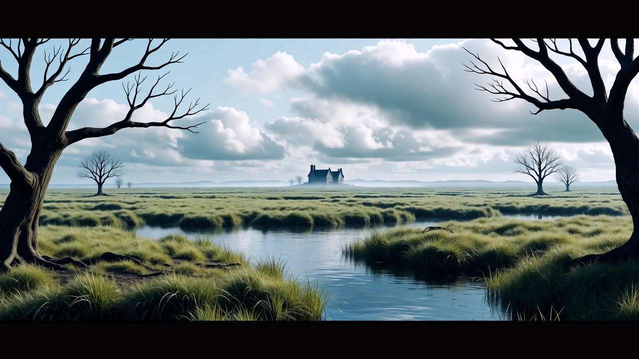 Bleak marshy landscape with Spinner’s End silhouette symbolizing Snape surname meaning in Harry Potter.
