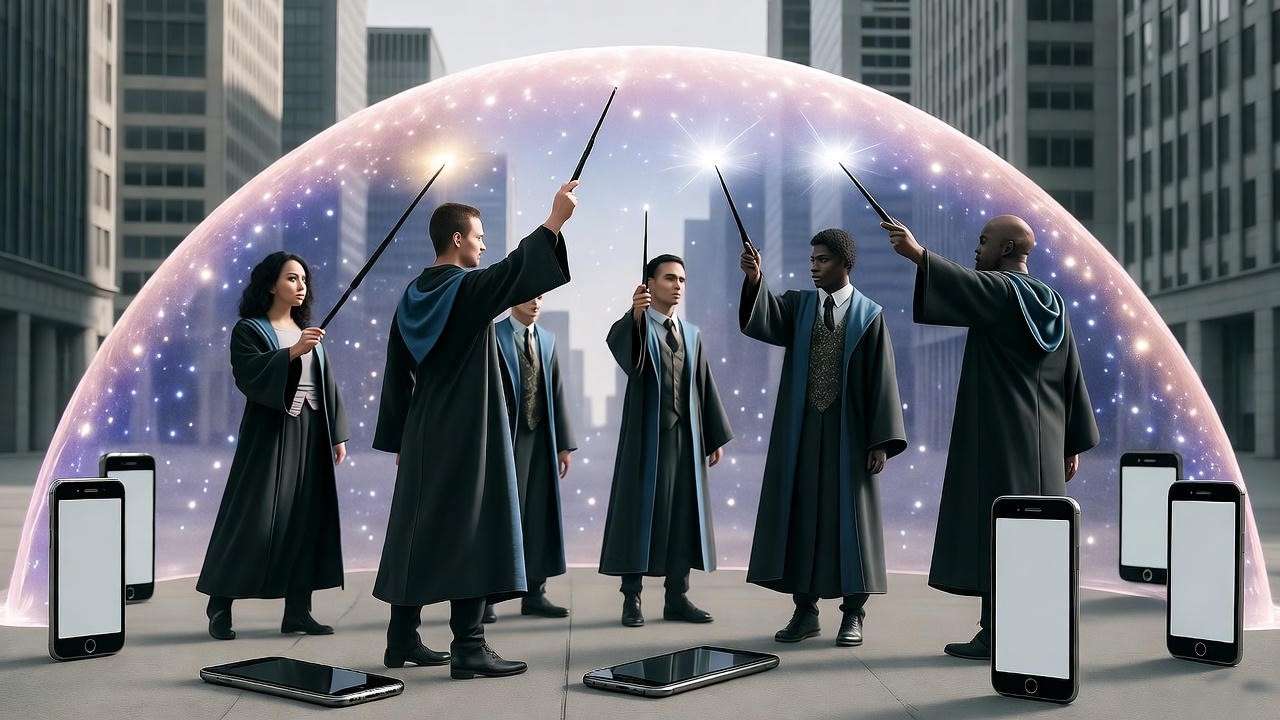 ICW agents concealing magic from Muggle smartphones in a modern cityscape.