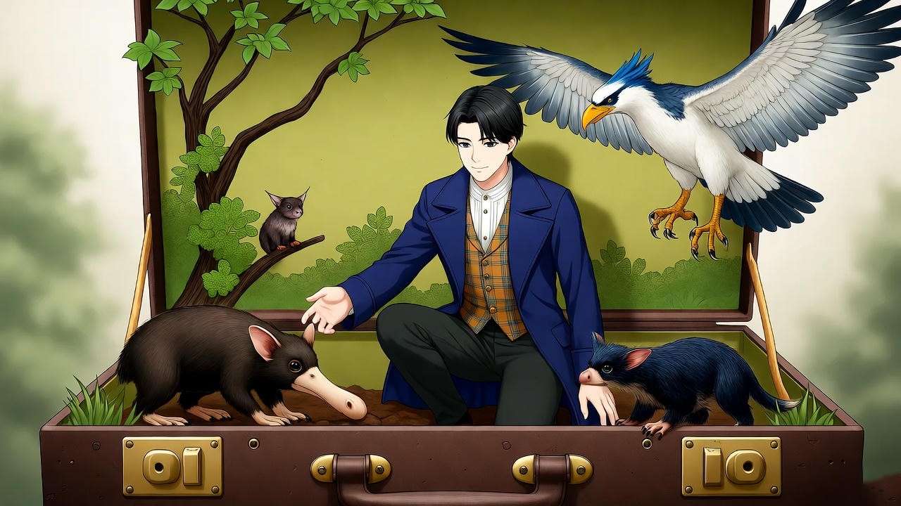 Newt Scamander interacting with magical creatures in his suitcase, highlighting his intense focus and empathy.