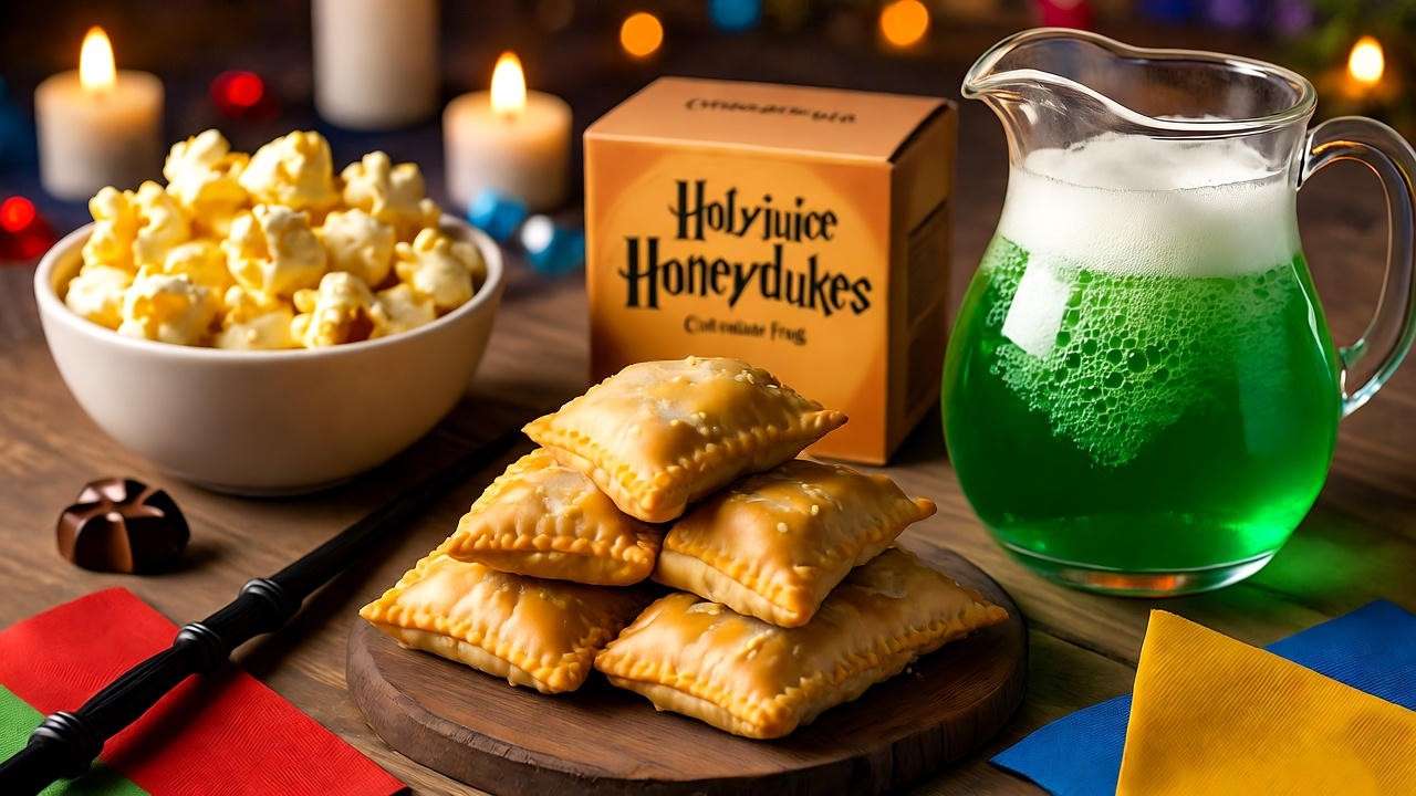 Harry Potter-themed snack table with Butterbeer Popcorn, Pumpkin Pasties, and Polyjuice Potion Punch, styled like a Hogwarts feast.
