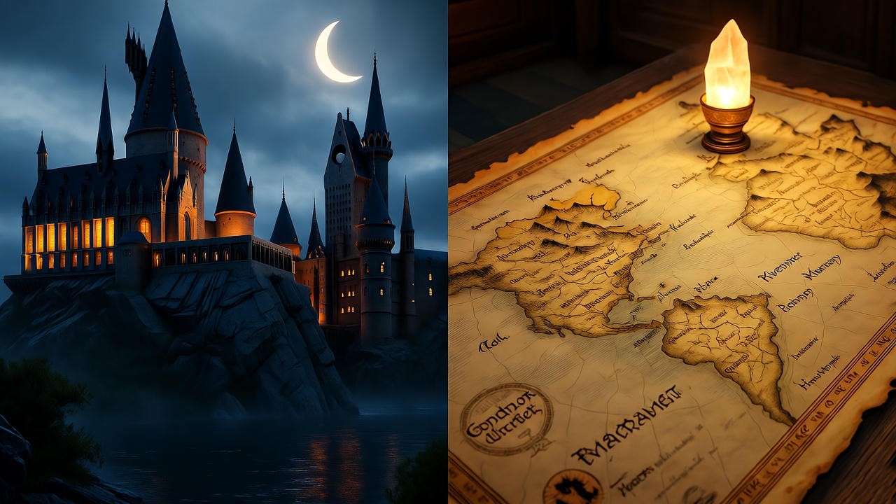 Hogwarts Castle and Middle-earth map comparison showing world-building depth in Harry Potter and Lord of the Rings