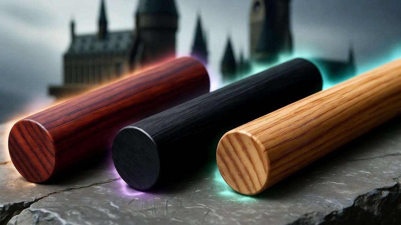 Wand wood samples yew, ebony, walnut with magical aura, Hogwarts backdrop, Harry Potter.