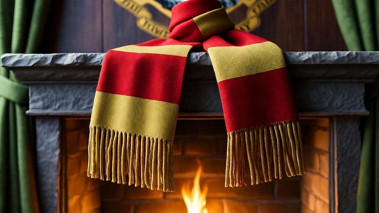 Cozy fireplace scene with Gryffindor scarf at Grimmauld Place in Order of Phoenix chapters.