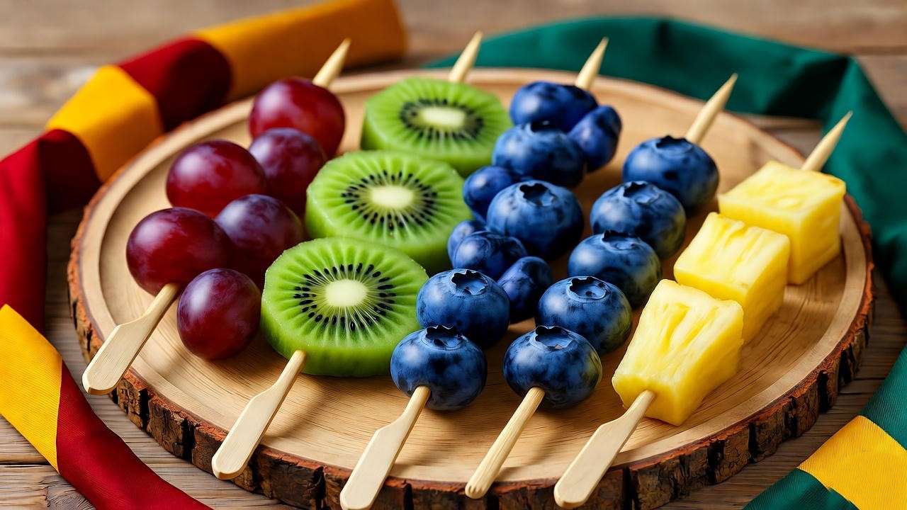 Colorful Hogwarts House Fruit Skewers with grapes, kiwi, blueberries, and pineapple, styled for a Harry Potter movie marathon.