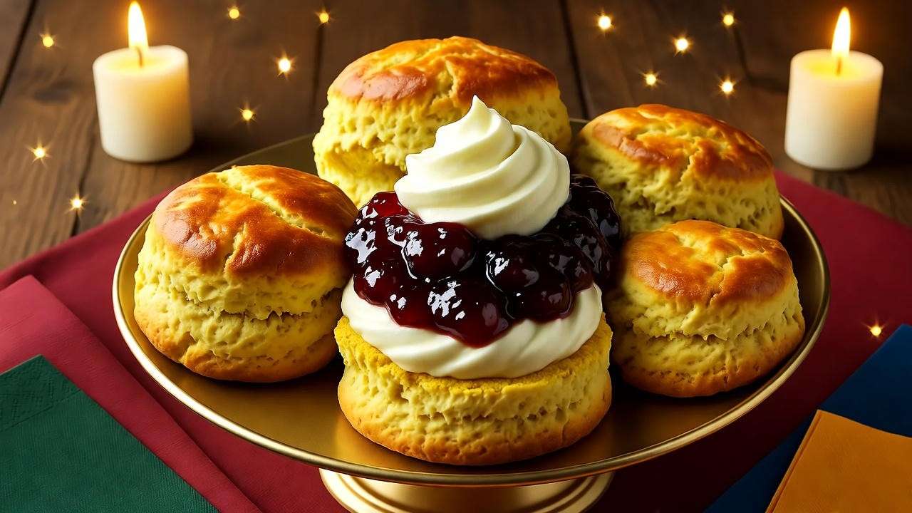 Freshly baked pumpkin scones with clotted cream and Treacle Tart Jam on a *Harry Potter* cream tea table.