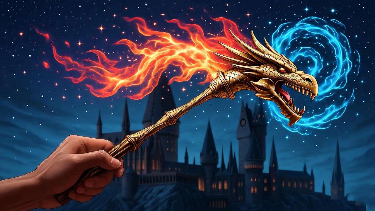Dynamic scene of a dragon wand casting fiery spells with blue sparks under a starry sky near Hogwarts in the Harry Potter universe.