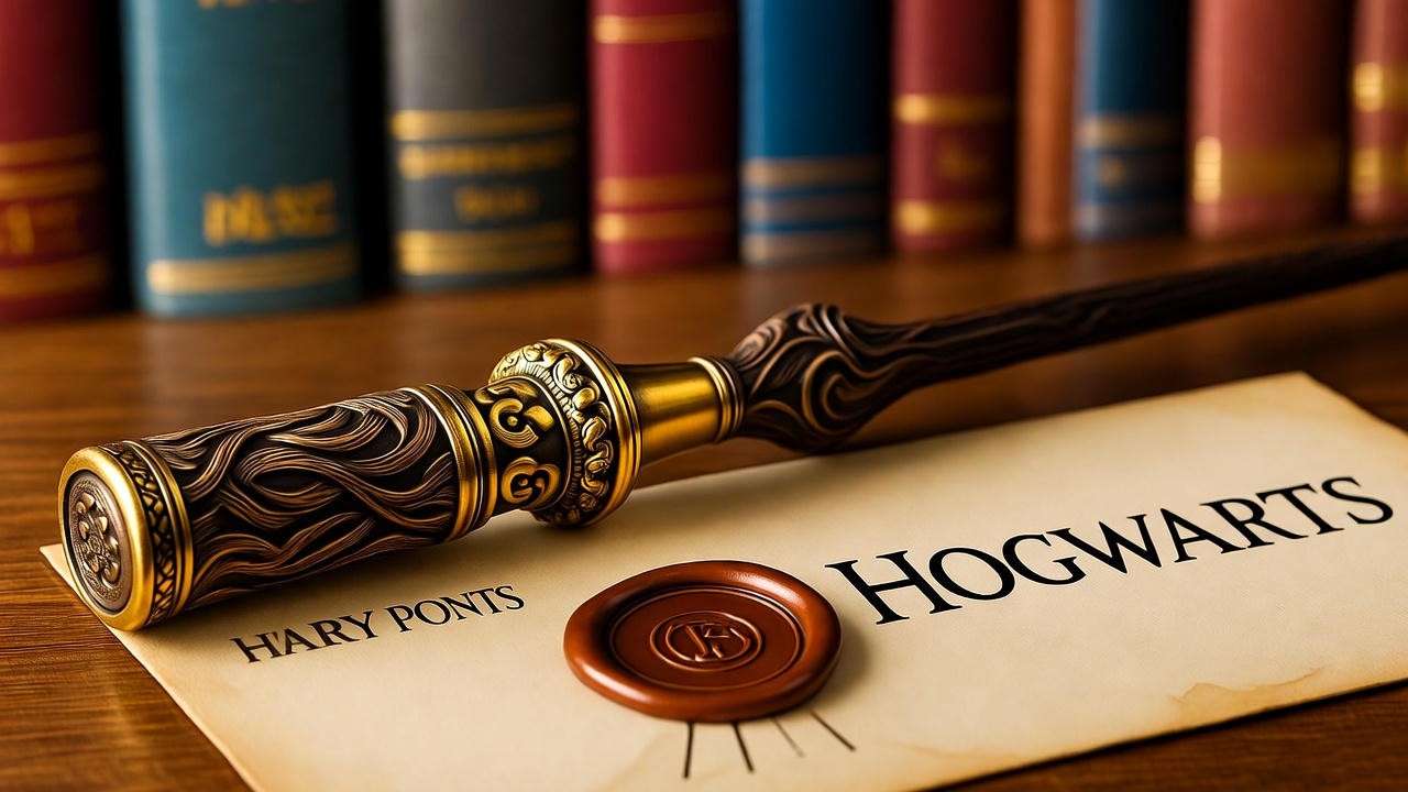 Close-up of Harry Potter wand and Hogwarts letter on wooden table with blurred bookshelf background