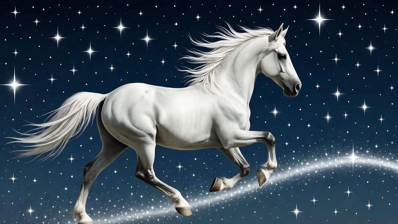 White stallion Patronus galloping with silvery trail in Harry Potter fan art style