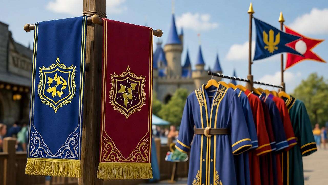 Vibrant display of Harry Potter crest merchandise with scarves, robes, and flags in a theme park setting.