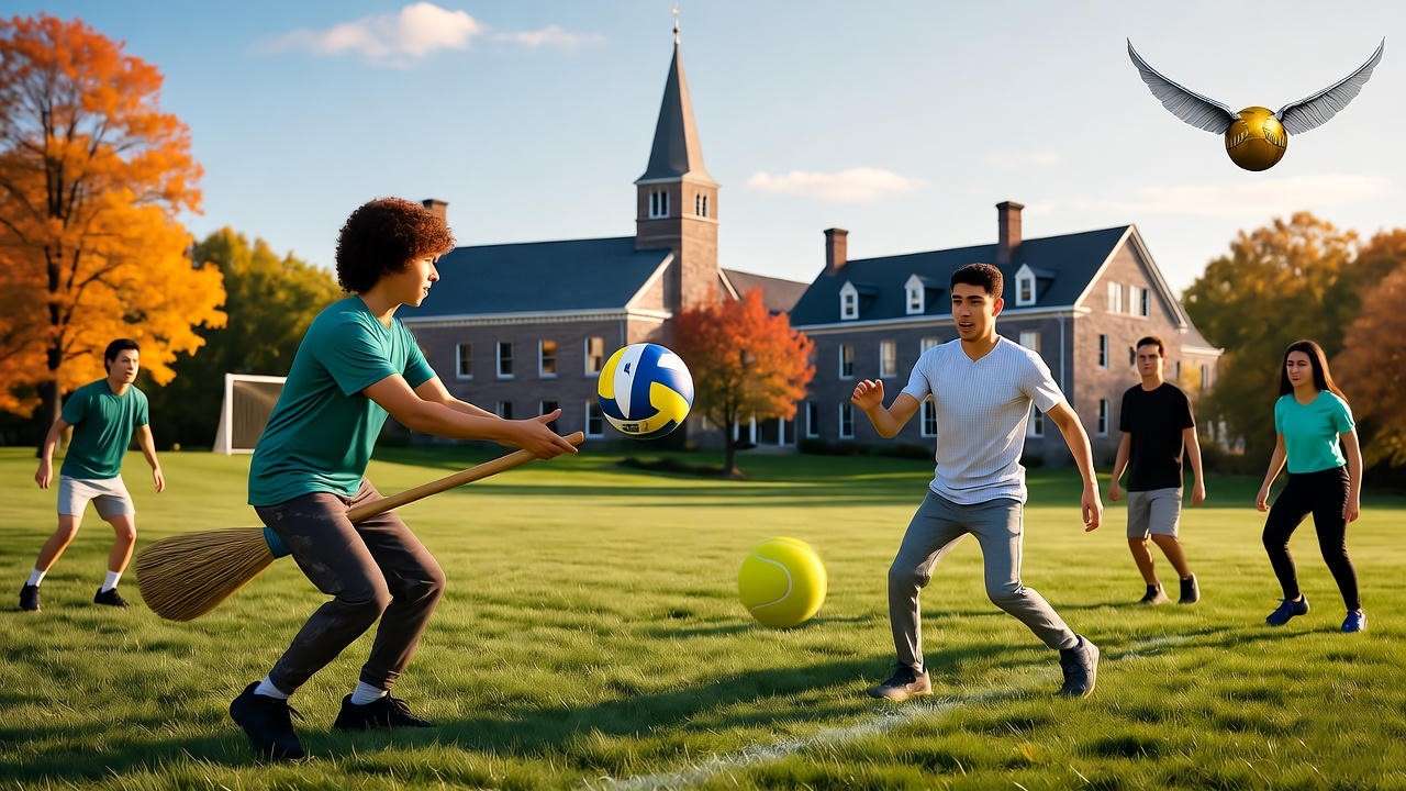 Middlebury College students playing Quidditch on a Vermont campus field, with autumn trees and stone buildings, capturing the sport’s historic legacy