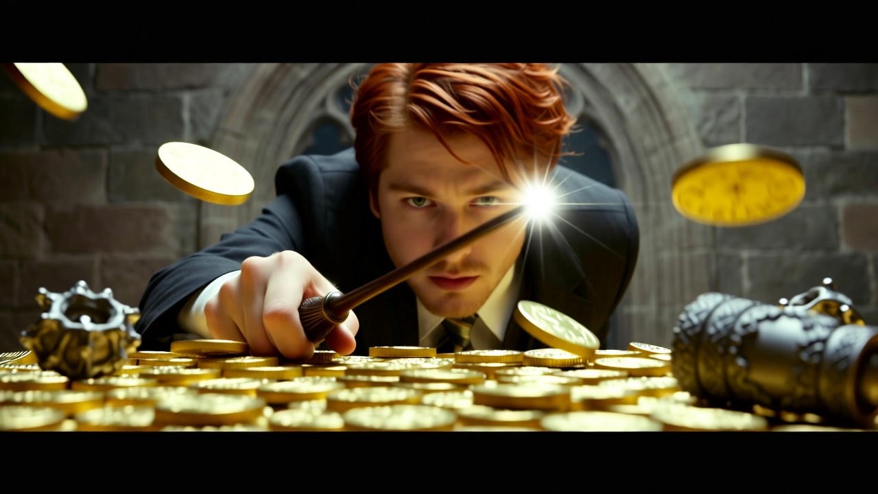 Bill Weasley disarming a magical trap in Gringotts heist with gold and artifacts.