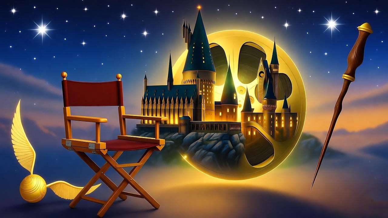 Illustration of a Harry Potter film set with Hogwarts and magical props