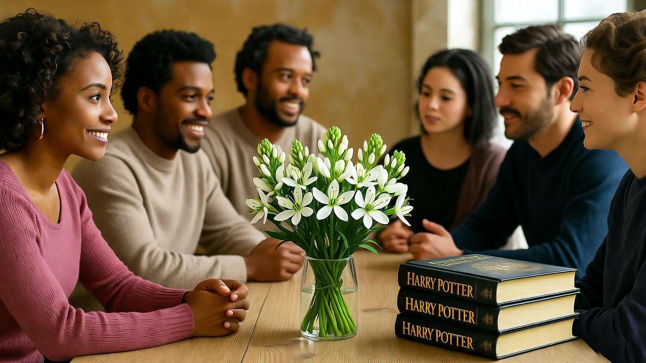Book club meeting with asphodel flowers and Harry Potter books on the table