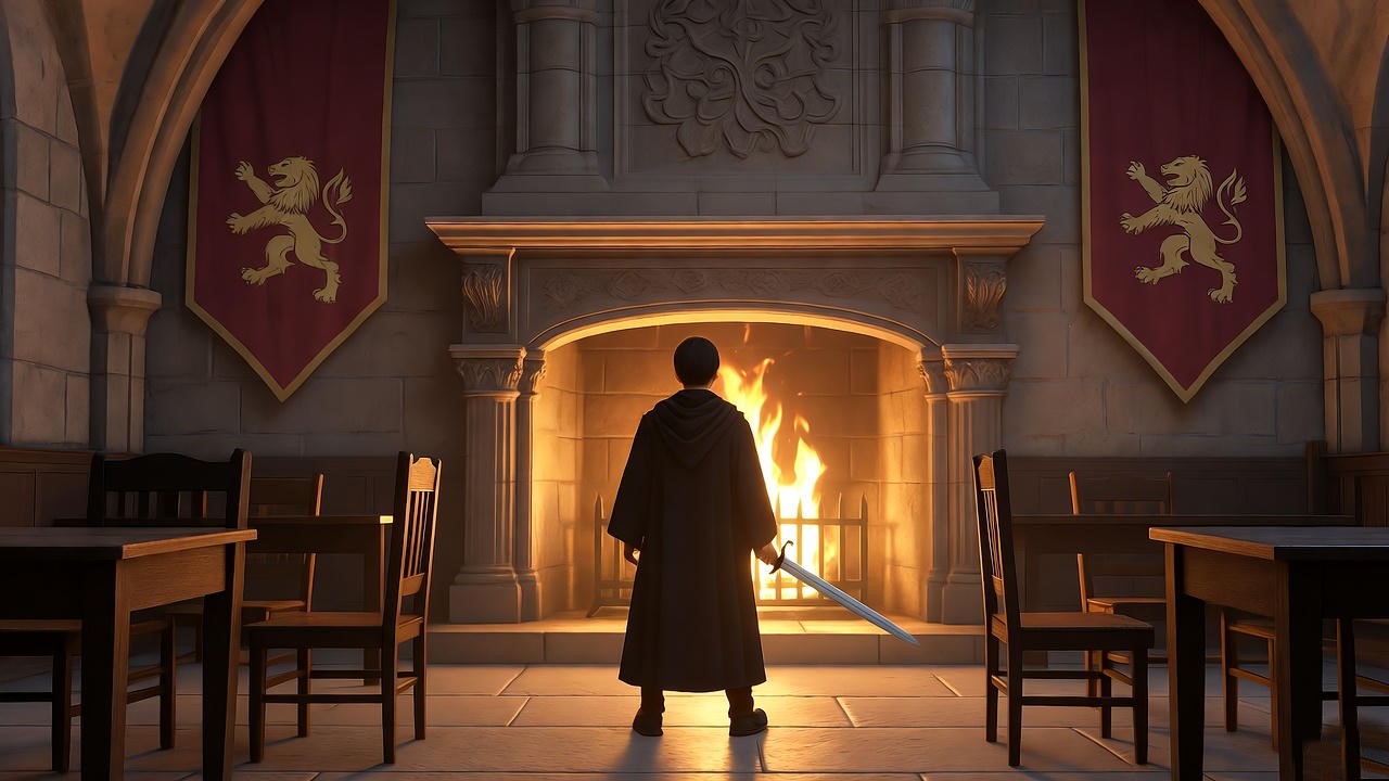 Gryffindor student with sword for wizards study motivation