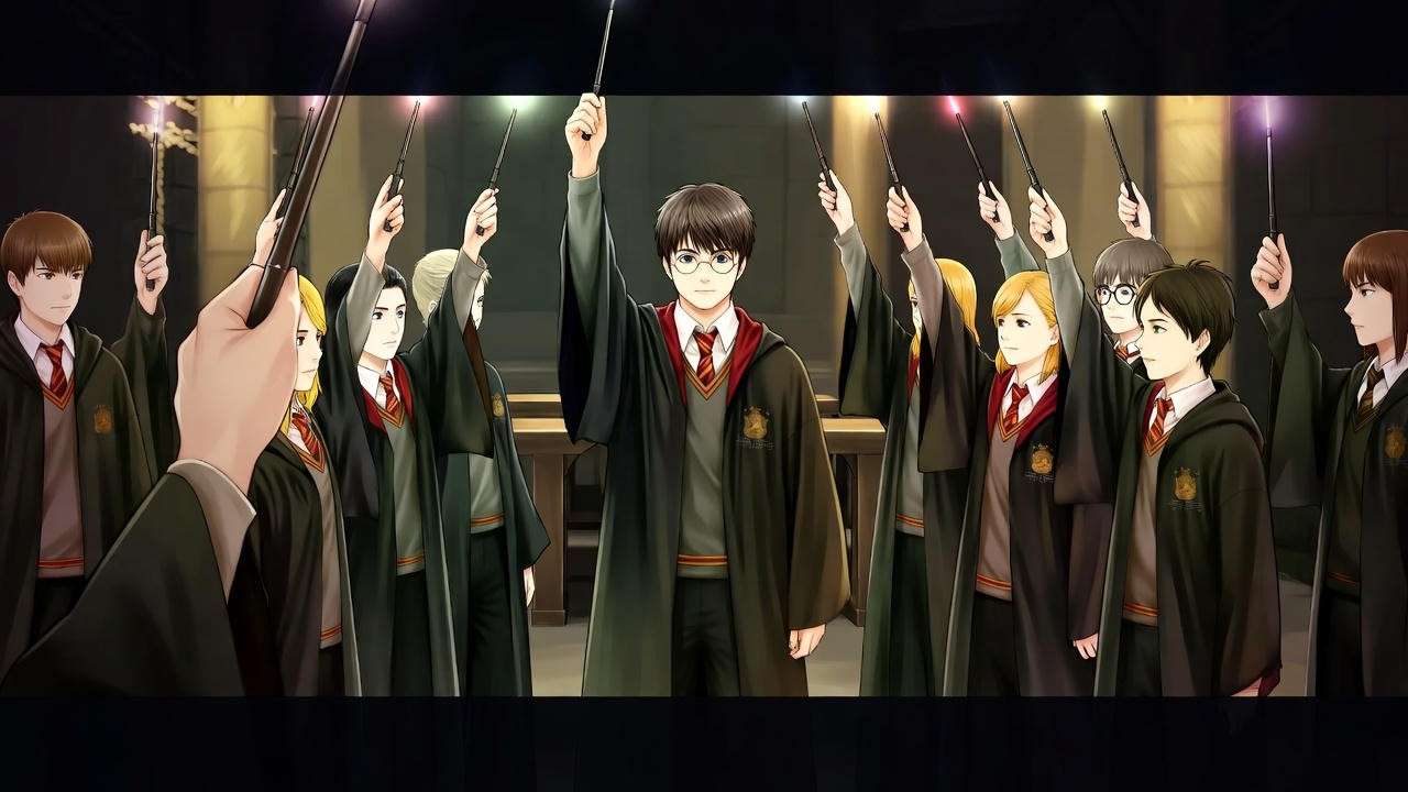 Harry Potter leading Dumbledore’s Army in a Hogwarts classroom, symbolizing themes of Order of the Phoenix.