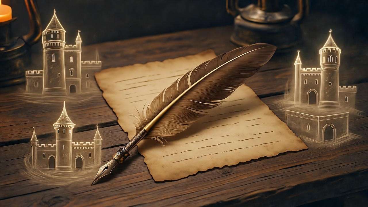 Medieval quill and magical castle sketches, reflecting J.K. Rowling’s Hogwarts design process.
