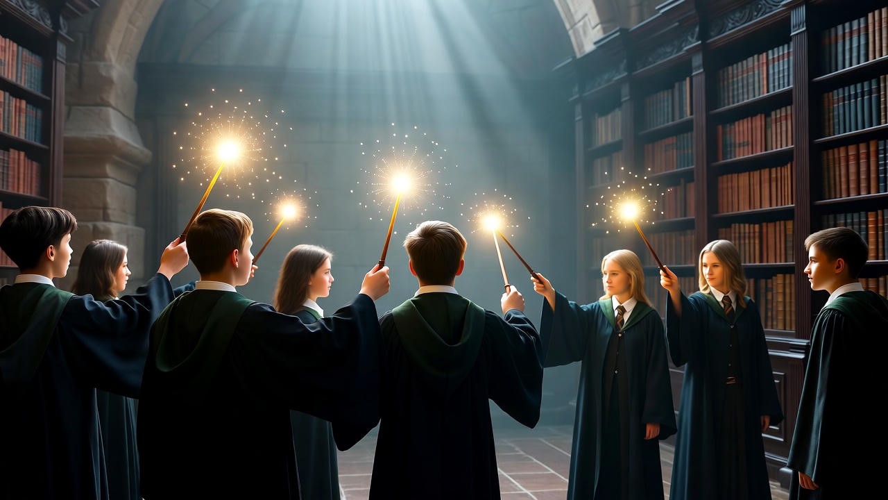 Wizard students practicing spells in DA for wizards study