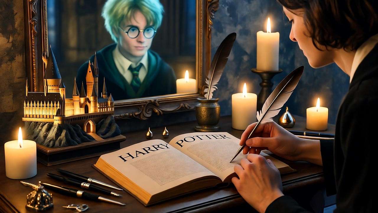 Person journaling with Harry Potter book and glowing Hogwarts miniature