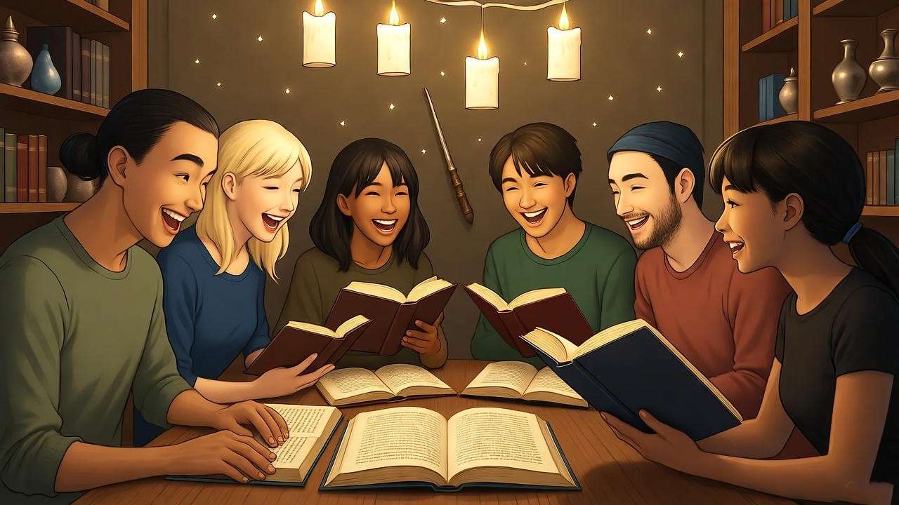 Diverse fans sharing Harry Potter books in cozy magical room