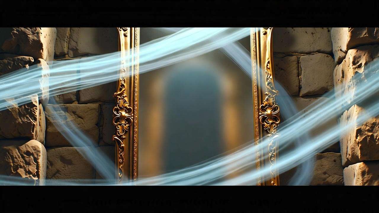 Ornate golden mirror with silver mist in stone room, Harry Potter fantasy scene
