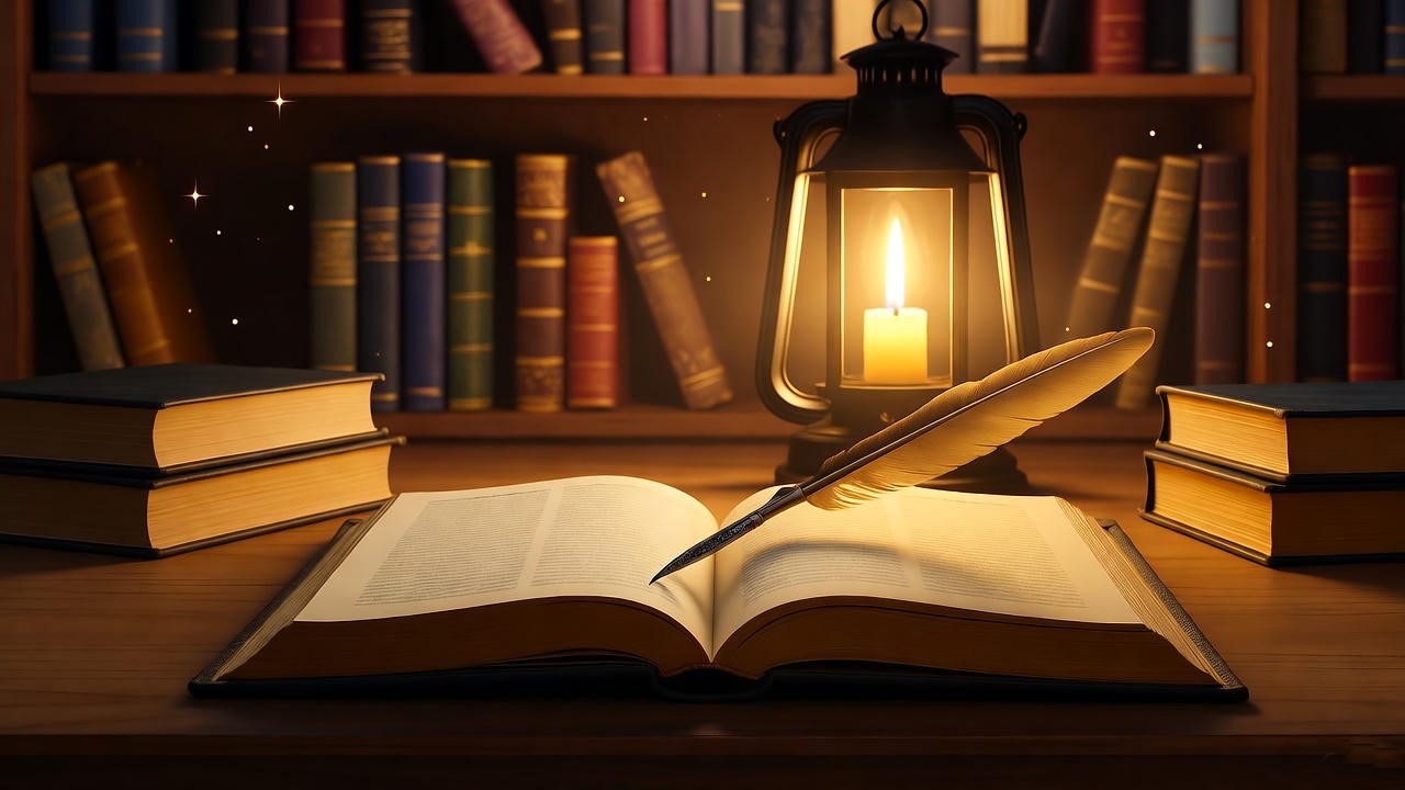 Magical study desk with manuscript and glowing lantern for editing