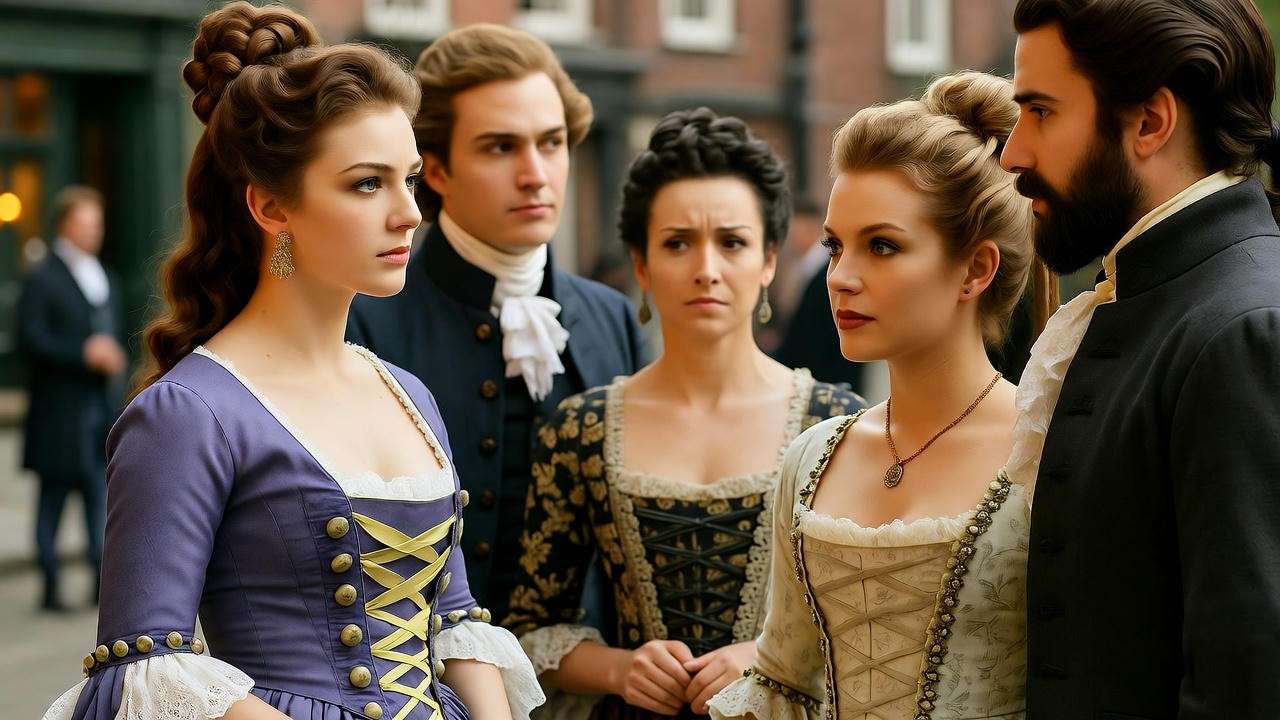 British actors in period costumes on a film set with London street backdrop.