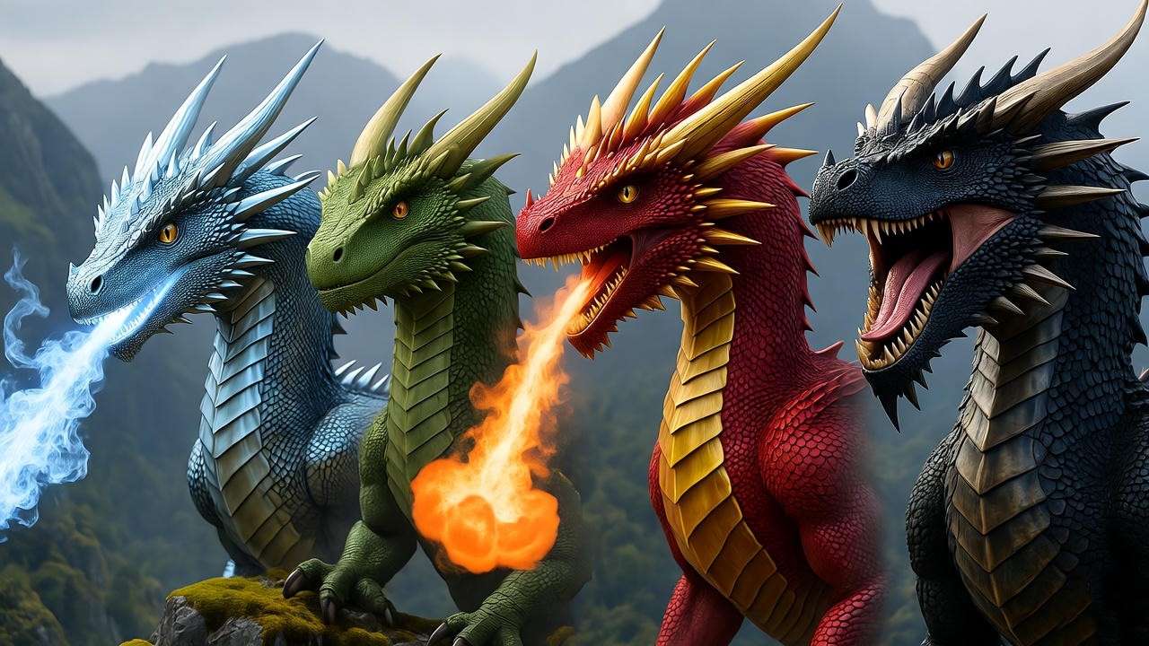 Four Triwizard dragons lineup: Hungarian Horntail, Chinese Fireball, Swedish Short-Snout, Common Welsh Green in **harry potter the dragon challenge