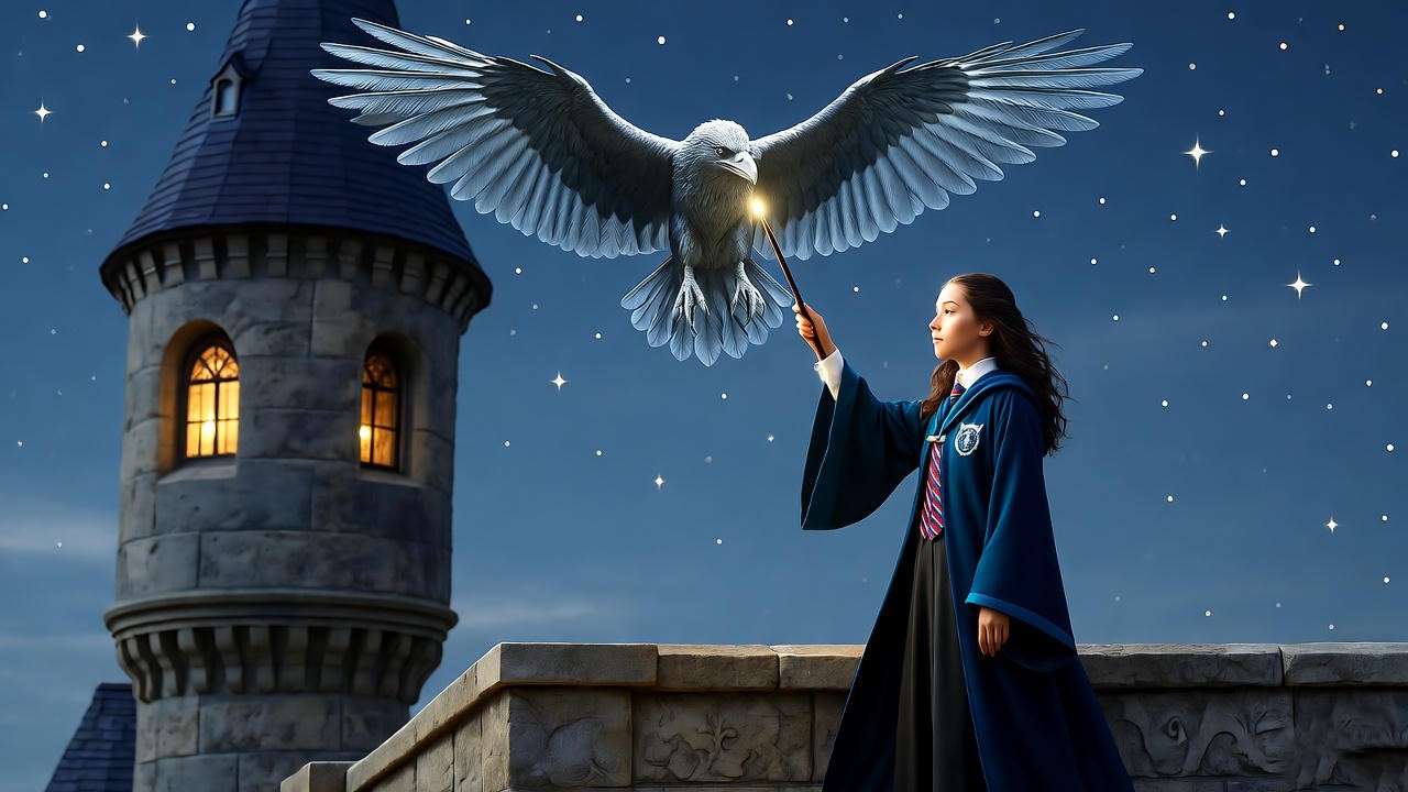 witch casting raven patronus on tower balcony at twilight