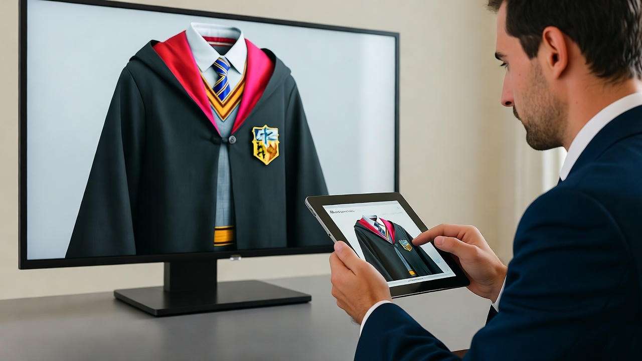 Collector bidding on tablet with live auction screen showing Hogwarts robe