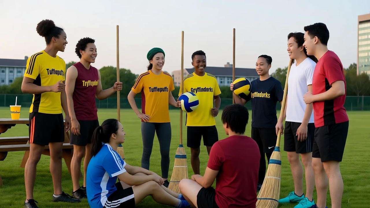 Diverse college Quidditch team bonding post-match on a campus field, holding brooms and enjoying a Hogwarts-themed social with Butterbeer cups. 