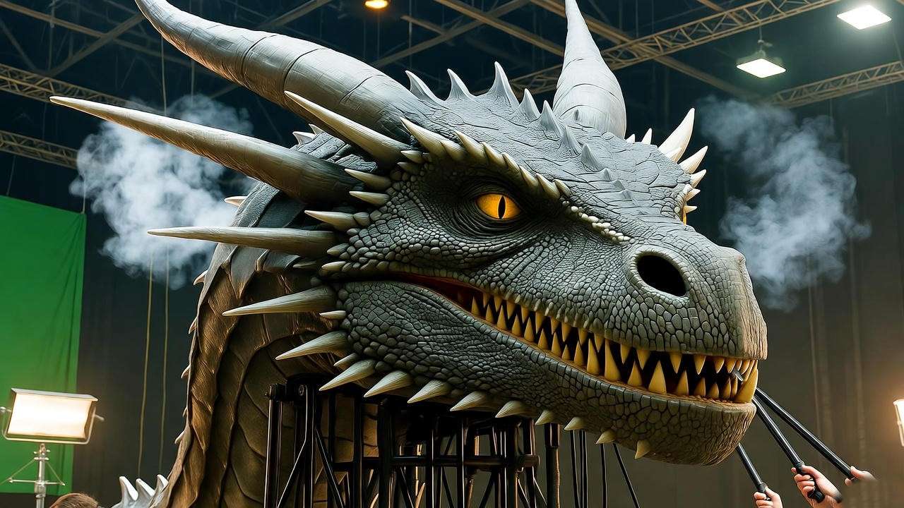 Behind-the-scenes animatronic Hungarian Horntail head from **harry potter the dragon challenge** film production