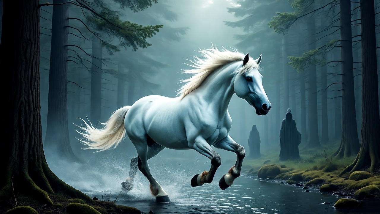 Majestic white stallion Patronus galloping through misty forest, dispersing Dementors with magical glow