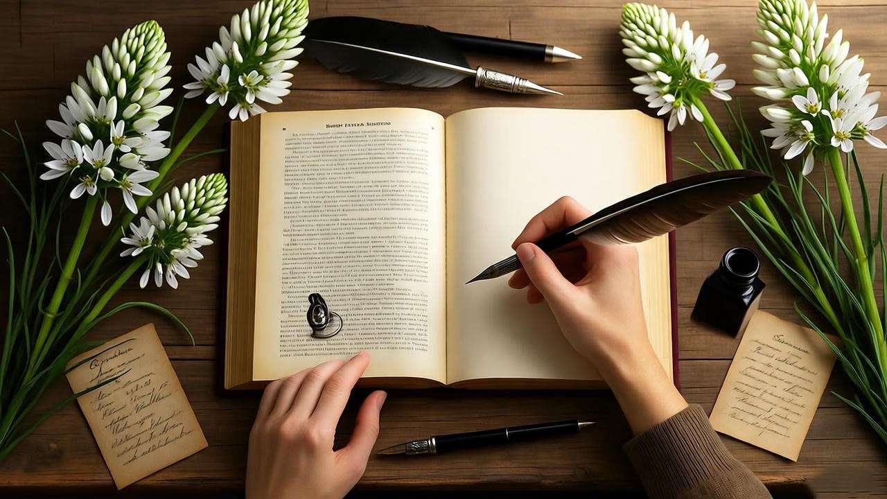 Fanfiction writer with Harry Potter book and asphodel flowers at a desk