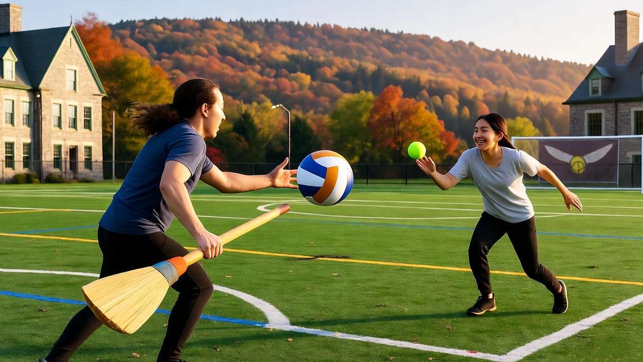 College Quidditch team captain leading a practice on a campus field, inspiring diverse players with brooms, showcasing leadership and teamwork