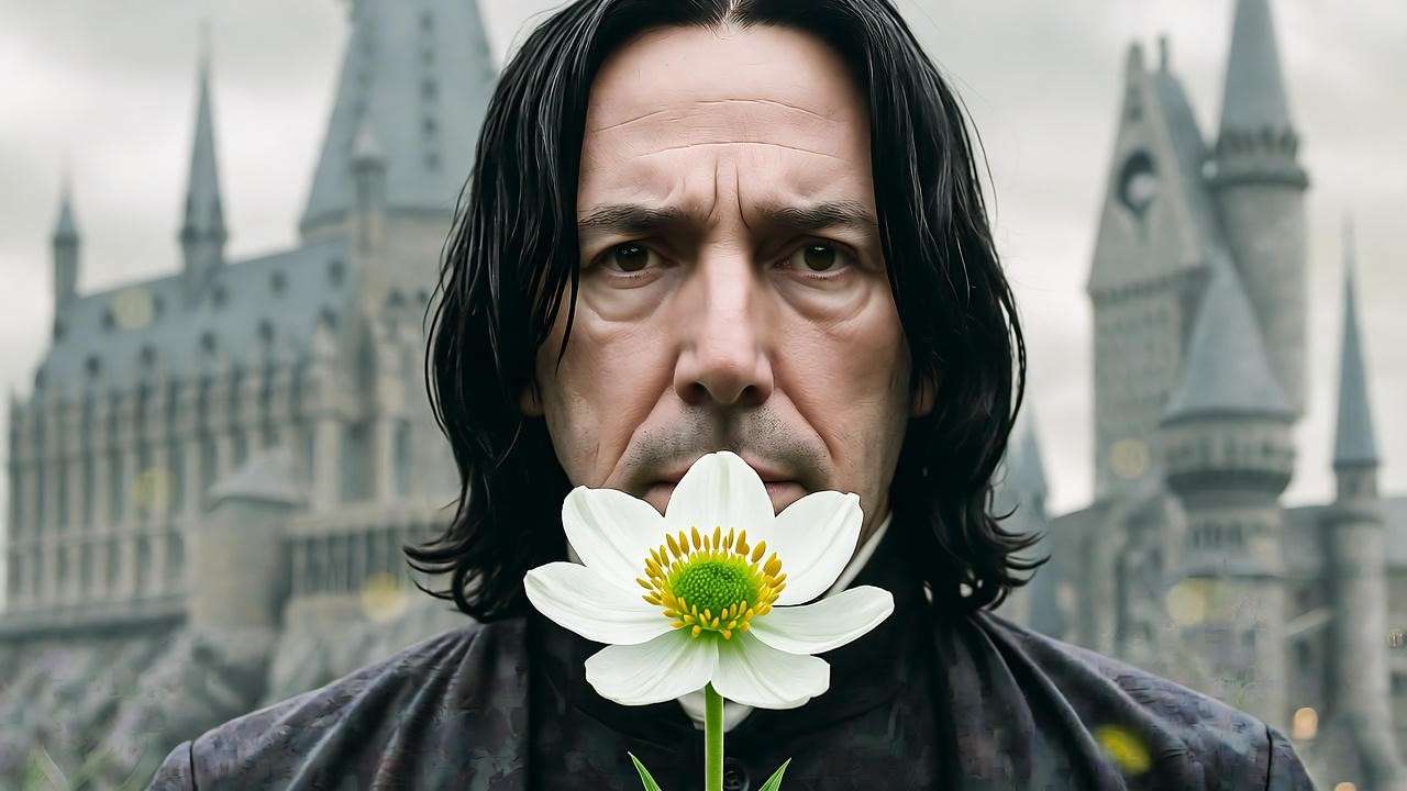 Snape holding an asphodel flower with Hogwarts castle in the background