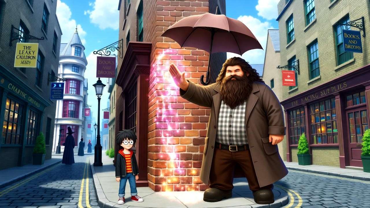 Harry and Hagrid at The Leaky Cauldron entering Diagon Alley.