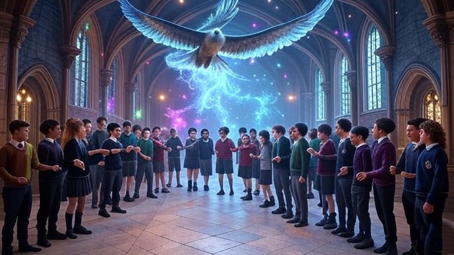 Wizarding students practicing cultural Warning Spell variations with a spectral hawk and dancing lights.