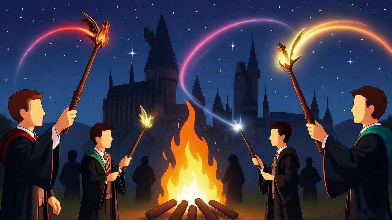 Harry Potter fans with dragon wand replicas around a bonfire under a starry sky near Hogwarts Castle.