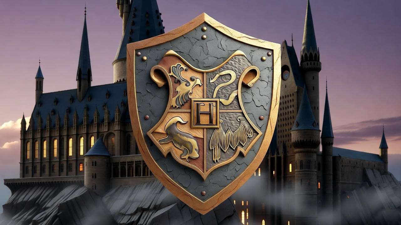 Symbolic shield with gold and stone motifs against Hogwarts castle, representing Goldstein’s resilience in Harry Potter.