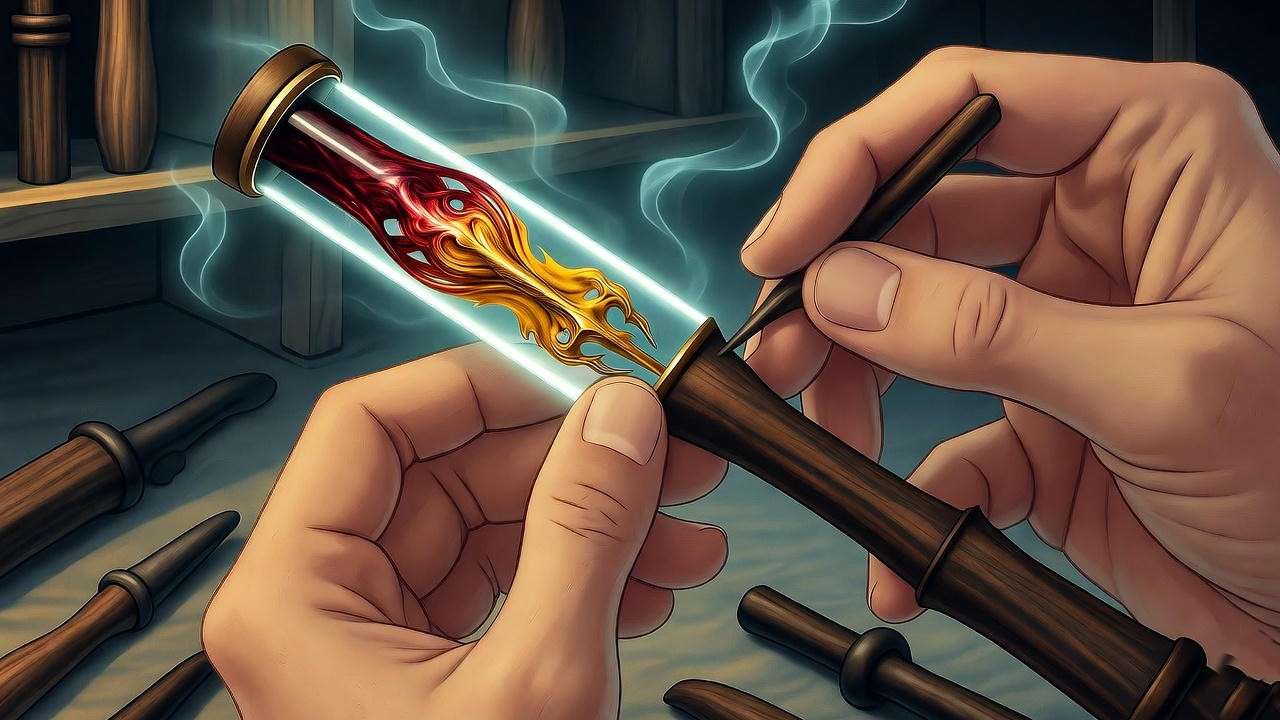 Magical workshop scene with a wandmaker carving a dragon heartstring wand, glowing with fiery energy, in a Harry Potter-inspired setting.