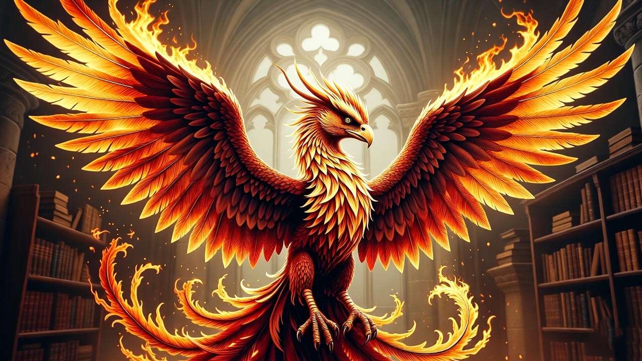 Fawkes the phoenix reborn in flames and ash – hope and rebirth motif Harry Potter