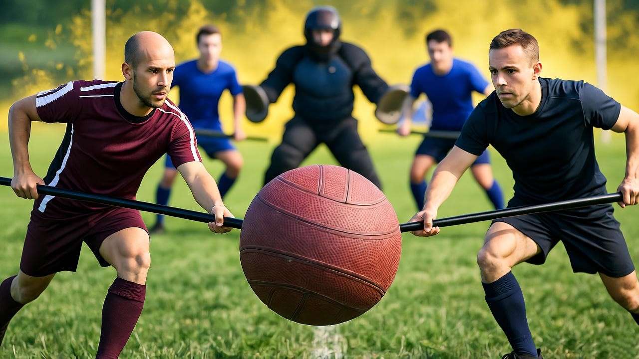 Tactical view of Hawkshead Attack Formation with Chasers passing Quaffle, Quidditch match.