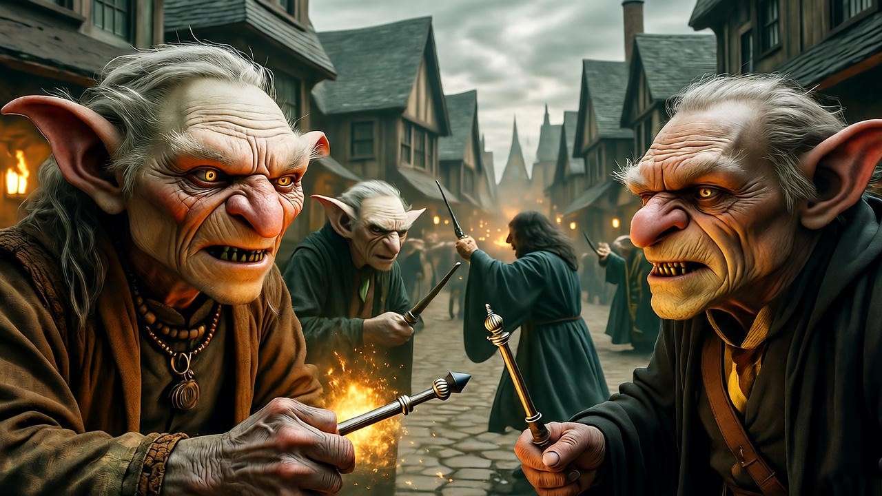 Goblin Rebellion scene with goblins and wizards in a medieval village, illustrating historical conflicts in the Harry Potter universe.
