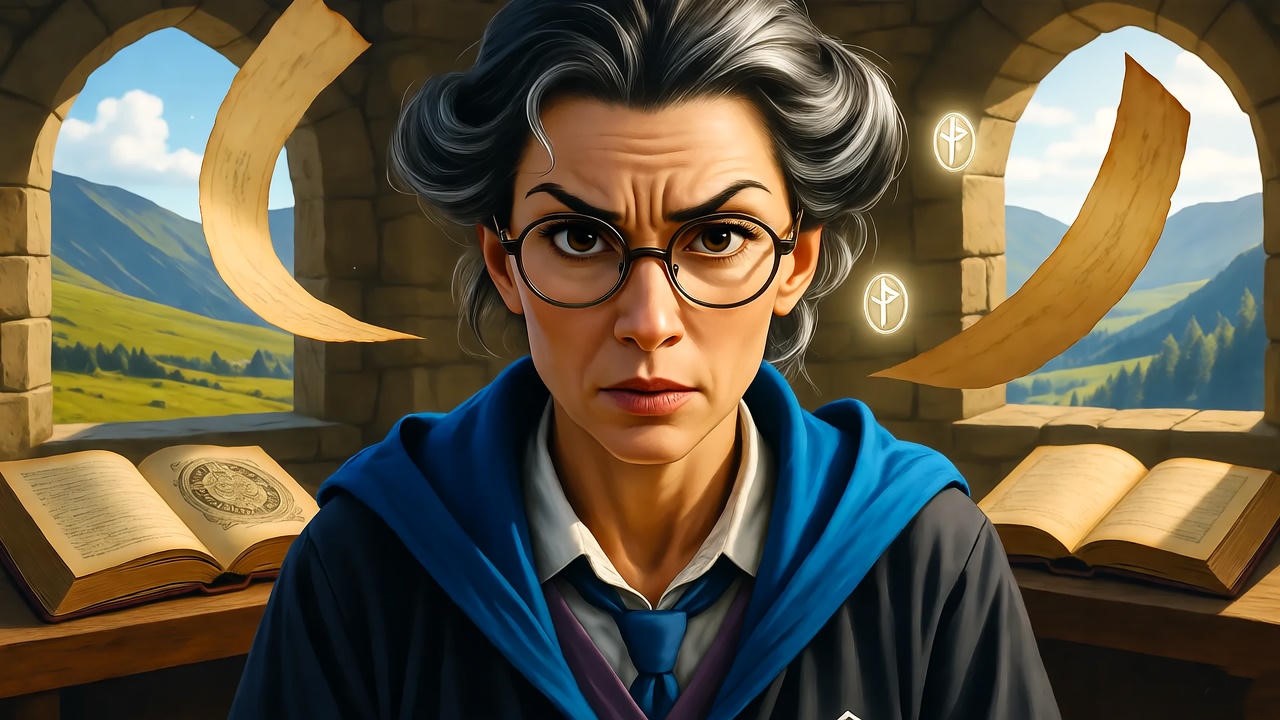 Artistic depiction of young Madam Pince studying ancient runes in Ravenclaw tower, exploring the Harry Potter librarian Pince backstory