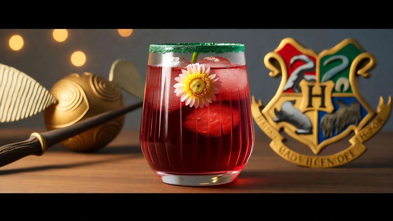 Mistletoe potion mocktail at a Harry Potter fan event with themed decorations.