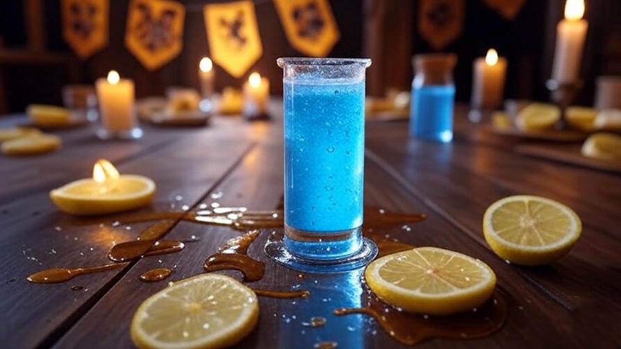 Harry Potter-themed party with a fizzing mocktail vial on a table.