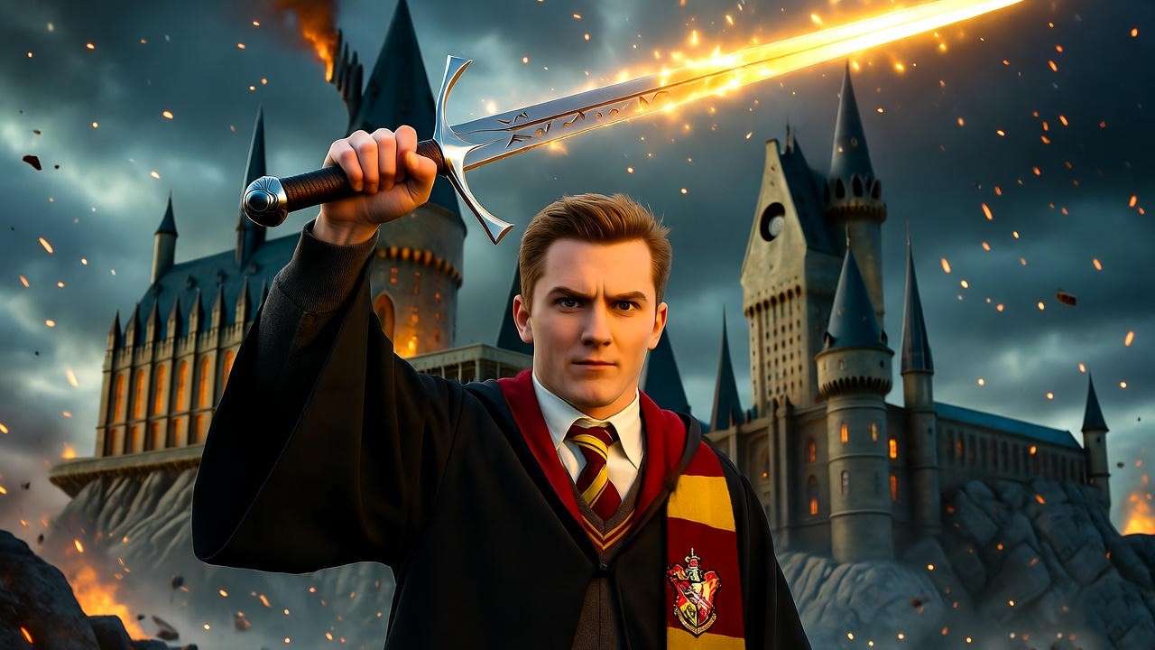 Neville Longbottom slaying Nagini with Sword of Gryffindor at Battle of Hogwarts