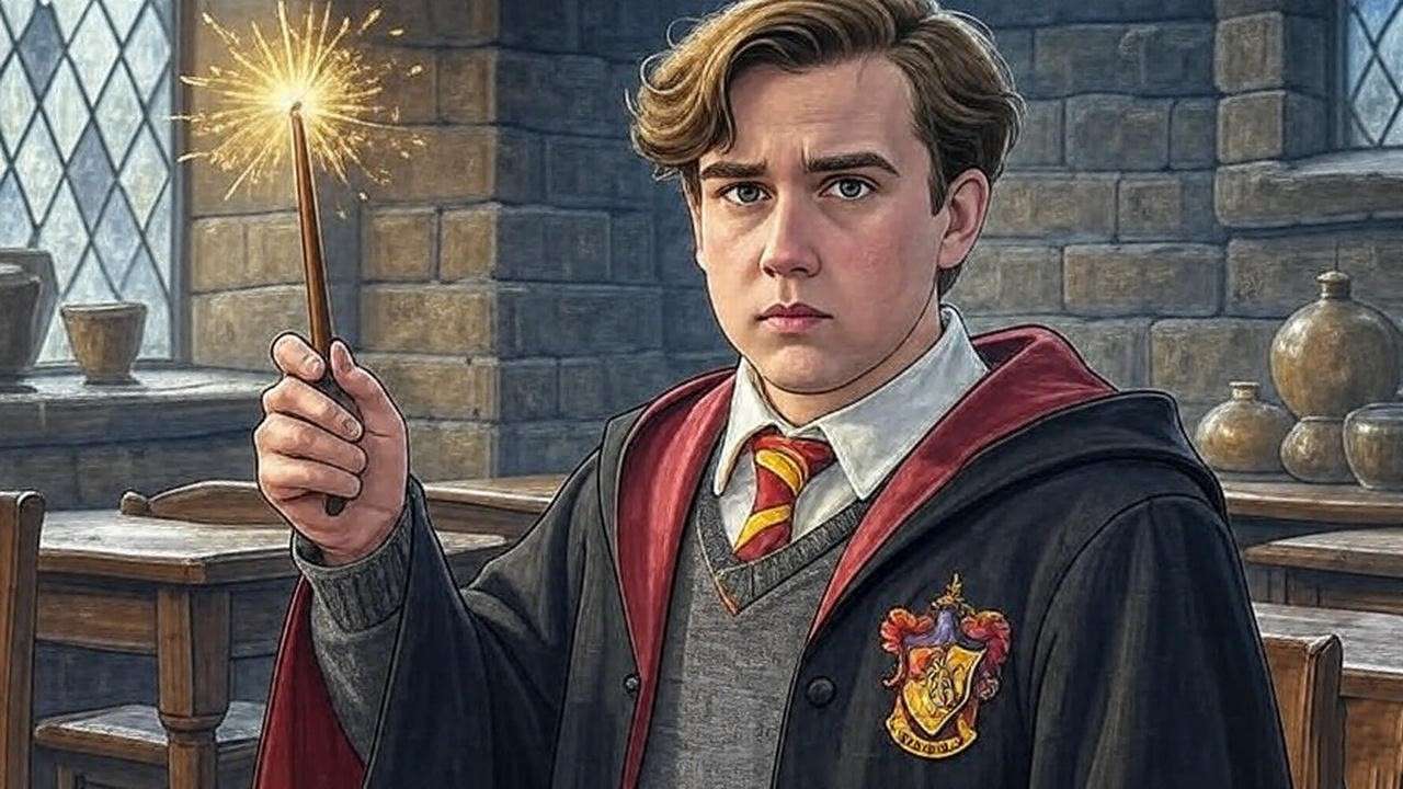 Neville Longbottom practicing spells with Dumbledore’s Army in Hogwarts classroom
