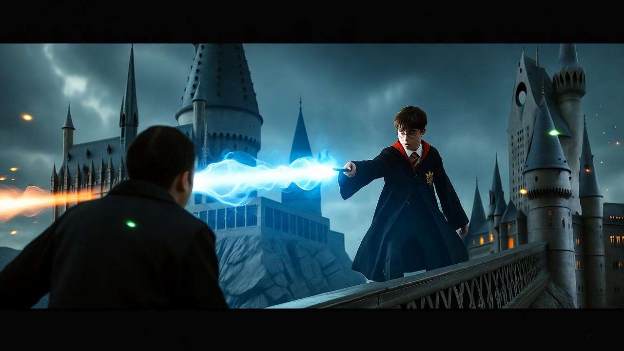  Wizard casting Impediment Jinx during the Battle of Hogwarts, slowing a Death Eater on a crumbling castle bridge.

